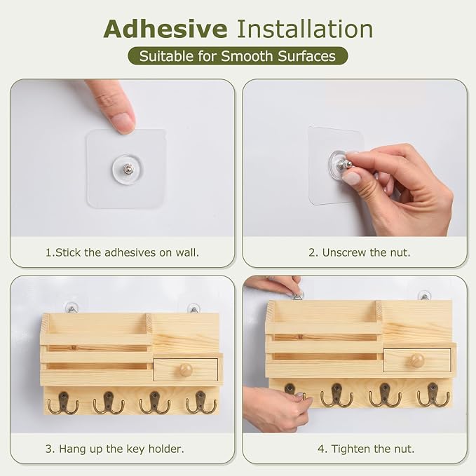 Key Holder Wall Mount, Wooden Adhesive Mail and Key Organizer with Drawer, Small Shelf, 8 Hooks, 2 Installation Methods, Natural