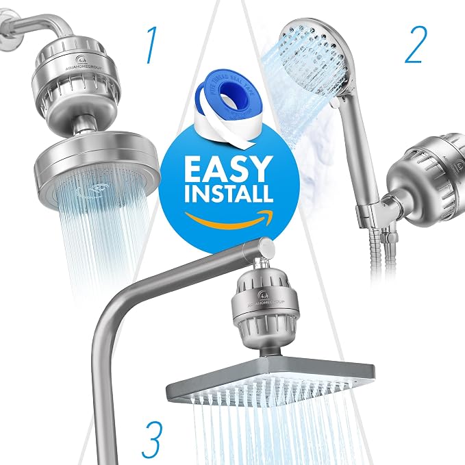 AquaHomeGroup 20 Stage Shower Filter with Vitamin C and E - Reduces Chlorine, Heavy Metals and Sediment - 2 Cartridges Included - High Pressure - Matte Chrome