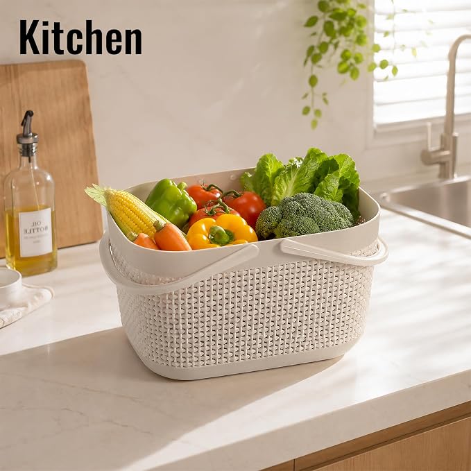 UUJOLY Plastic Organizer Storage Baskets with Handles, Shower Caddy Bins Organizer for Bathroom and kitchen, Beige