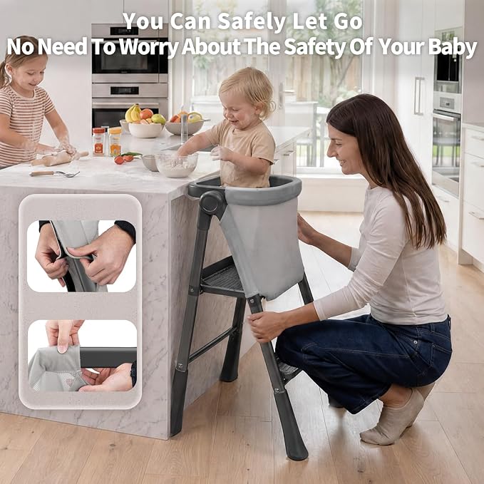 Toddler Step Stool Foldable, Kids Step Stools for Kitchen Counter, Foster Independence Learning Stool with Safety Guards&Net, Toddler Sturdy Standing Tower Kitchen Helper,Black
