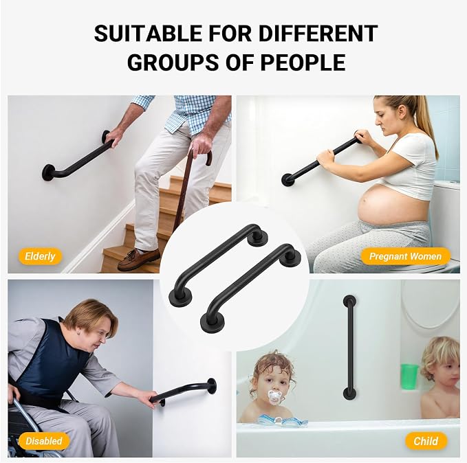 Anti Slip Grab Bars for Shower Black, Safety Textured Grip Shower Grab Bars for Seniors, Holds up to 500LBs, Knurled Handicap Grab Bars for Wall with Concealed Screws, 12 Inch