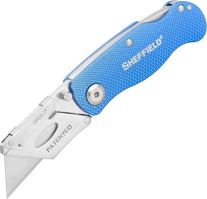 Sheffield Folding Utility Knife, Accepts Standard Utility Knife Blades, Box Cutter Aluminum Handle, Razor Blades Included, For Home, Office, Trades, and Warehouse