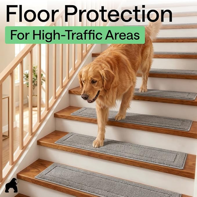 GORILLA GRIP Peel and Stick Stair Treads for Wooden Steps, Multi-Surface Use, Machine Washable Carpet Runners, Indoor Rugs for Stairs, Pet Friendly, Universal Size, 4 Pack Gray, 8x28 Inches