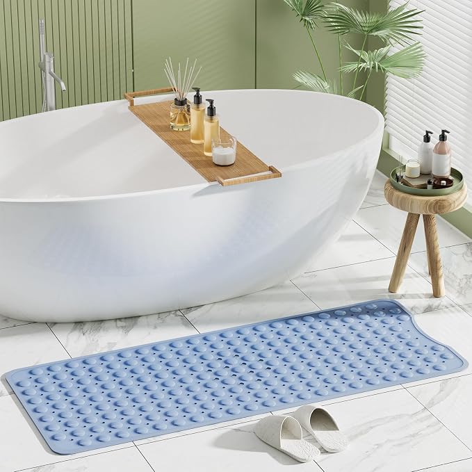 AmazerBath Shower Mat Non Slip 40 x 16 Inches, Shower Stall Mats with Suction Cups and Drain Holes, Non Slip Bath Mat for Tub for Elderly & Kids, Baby Blue