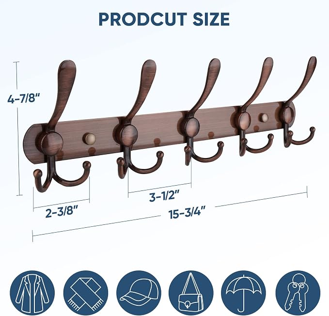 TICONN Wall Mounted Coat Rack, Five Heavy Duty Tri Hooks All Metal Construction for Jacket Coat Hat in Mudroom Entryway (Antique Bronze, 1-Pack)