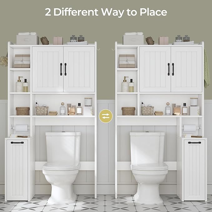 UPOSOJA Over The Toilet Storage Cabinet with Pulley Small Bathroom Storage Cabinet, Space Saver W/Adjustable Shelf & Open Shelf for Bathroom, Restroom, Laundry (White-Type A)
