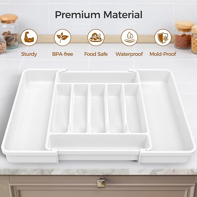 ukeetap Extra Large Expandable Silverware Organizer, BPA-Free Food-Safe Cutlery Flatware Organizer, Kitchen Utensil Drawer Organizer, Adjustable Silverware Holder for Spoons Forks Knives, White