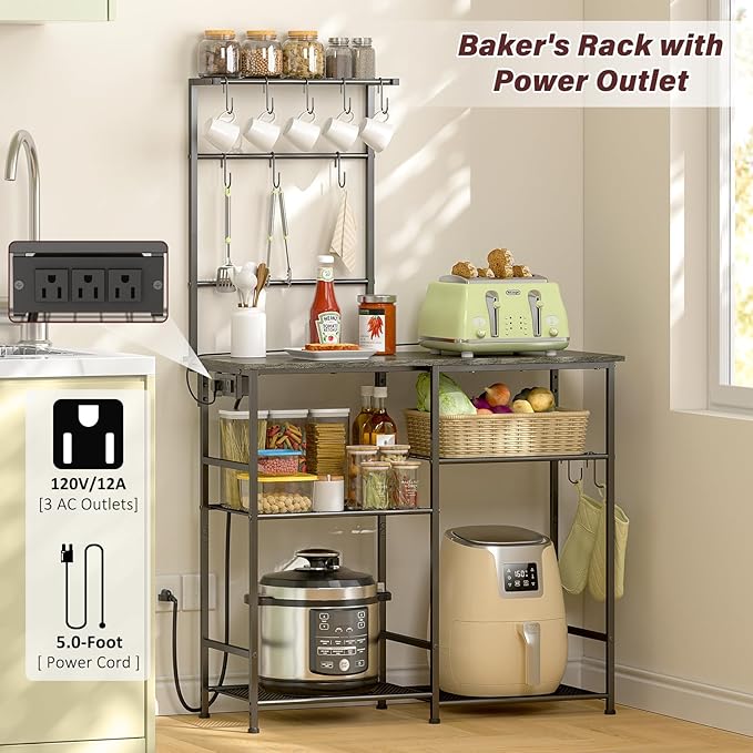 3IngSeagulls Bakers Rack with Power Outlet, Kitchen Microwave Stand with 10 S-shaped Hooks, 6-Tier Coffee Bar Station, Kitchen Storage Shelf Rack for Spices, Pots, Gray
