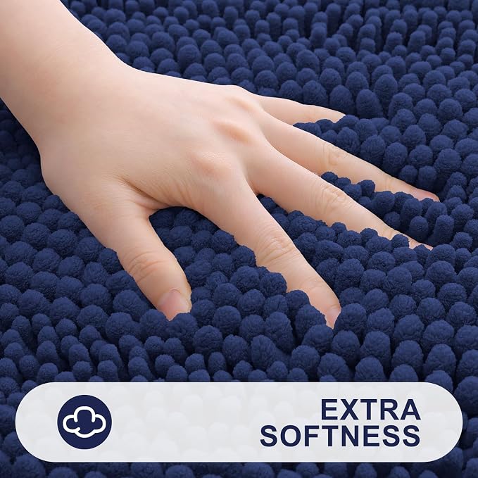 Grandaily Chenille Striped Bathroom Rugs 40x32, Extra Thick and Absorbent Bath Mats, Non-Slip Soft Plush Shaggy Shower Carpet, Machine Wash Dry, Bath Rug for Bathroom, Navy