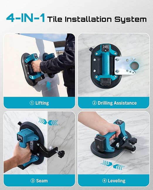 SEESII 4-in-1 Electric Suction Cups for Tile Lifting, Drill, Seam & Leveling: 10" Large Glass Suction Cup, Heavy Duty Vacuum Lifter with 280KG/617LBS Max Load, 4X 3000mAh Batteries, Digital Display