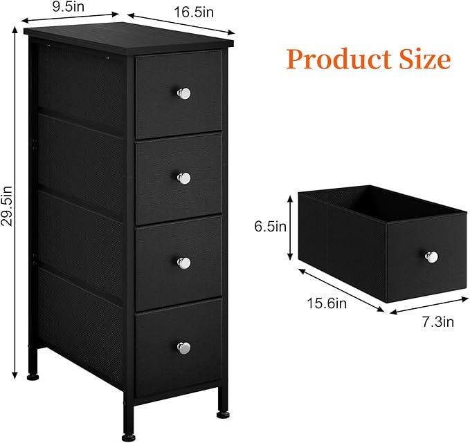 Fixwal Narrow Storage Cabinet, Small Dresser with 4 Drawers, Slim Fabric Dresser Storage for Small Spaces, Black Dresser Nightstand Side Table for Bedroom, Bathroom, Laundry, Closet, Dorm