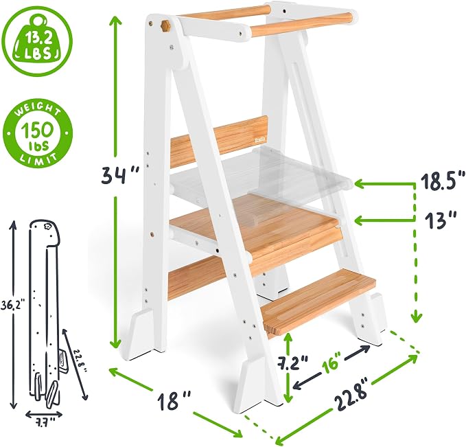 OCODILE Adjustable Foldable Toddler Tower – Folding Tower for Kids | Montessori Toddler Kitchen Step Stool Helper for Independence - White