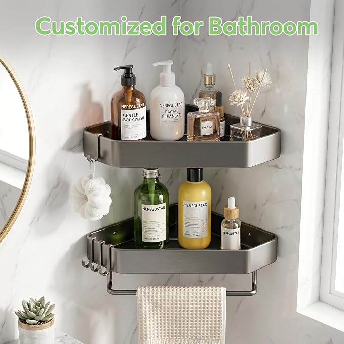 Shower Caddy Hanging, 2 Pack Never Rust Shower Organizer Hanging, Aluminum Shower Racks for Inside Shower with Hooks for Razor, Bathroom Organizers and Storage with Soap Holder, Grey