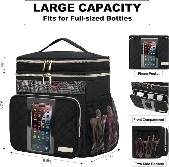 Large Toiletry Bag for Women Men, Portable Shower Caddy College Dorm Essentials, 2 Layers Quickly Dry Mesh Bathroom Tote Bag, Hanging Makeup Organizer Bag for Travel, Gym, Camping (Black)