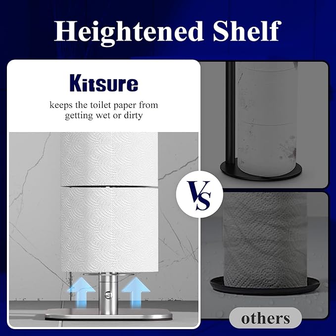 Kitsure Toilet Paper Holder Free Standing – Rustproof Metal Toilet Paper Stand for 4 Rolls with Anti-Slip Base and Shelf for Phone & Small Items, Bathroom Organizers and Storage, Medium, Chrome Silver