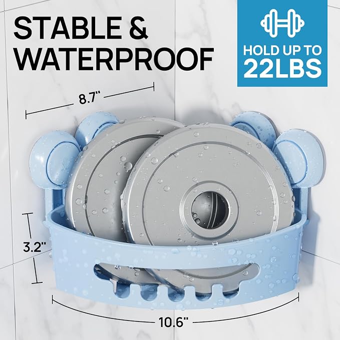 LEVERLOC Corner Shower Caddy Suction Cup, Shower Caddy Basket Powerful Suction Bathroom, Waterproof & Rustproof Organizer for Bathroom Storage, No-Drilling Removable (Blue)