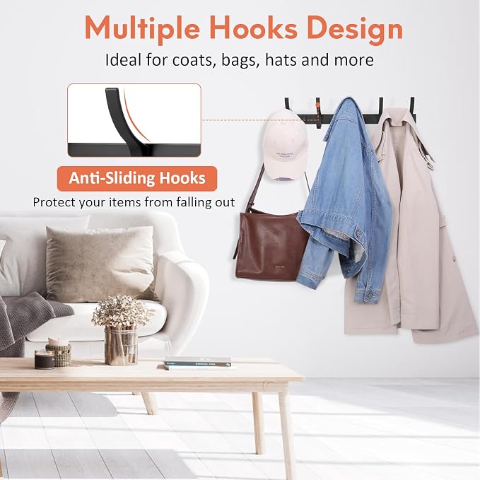 Optish Coat Rack Wall Mount, Coat Hook Wall Mount, Wall Hooks for Hanging, Hat Rack for Walls, Coats Hanger with 10 Hook, Towel Hooks for Bathrooms (2 Pack, Black)