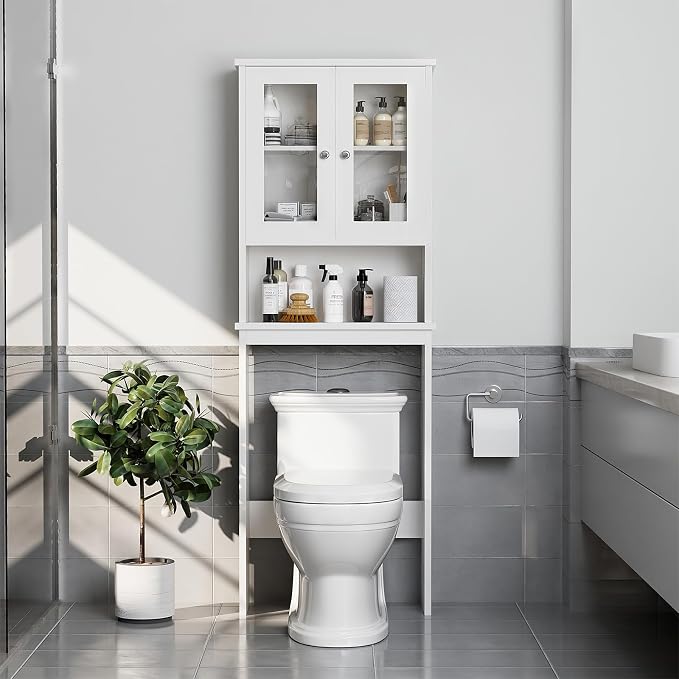 Over The Toilet Storage Cabinet for Bathroom, Storage Organizer Over Toilet, Space Saver with Tempered Glass Doors, White