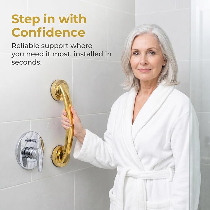 ibasenice 2pcs Large Gold Suction Cup Grab Bars Thickened Adhesive Shower Door Handles No Drilling Bathroom Safety Handrails for Seniors Glass Cabinet Window Sliding Doors