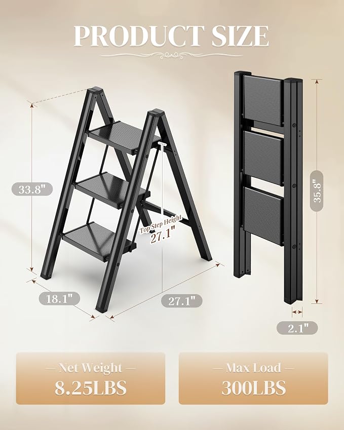 3 Step Ladder, Folding Step Stool with Wider Pedal, Anti-Slip Feet & Non Slip Stripes, Aluminum Sturdy Material, 300Lbs Capacity, Elegant Look of Piano Black Better Matches Your Home