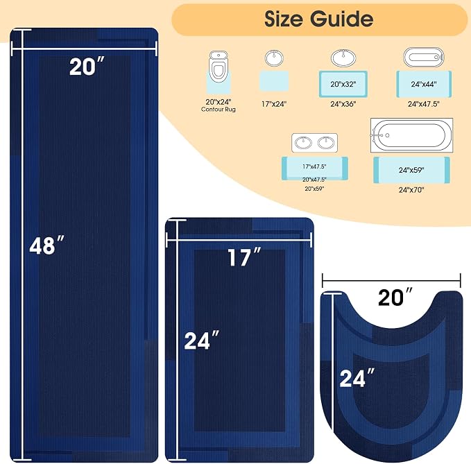 ACCUMTEK Non Slip Bath Mat, Thin Bathroom Rugs Fit Under Door, Quick Dry Bath Mats, Machine Washable Bath Rugs for Bathroom, Bathtub & Kitchen, Bathtub,Dark Blue/Bordered/3 Piece