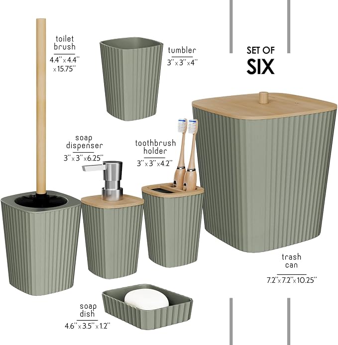 Clara Clark Bathroom Set - Sage Green Bathroom Accessories Set, 6PC Bathroom Accessory Set, Bathroom Sets with Toilet Brush, Trash Can & Soap Dispenser