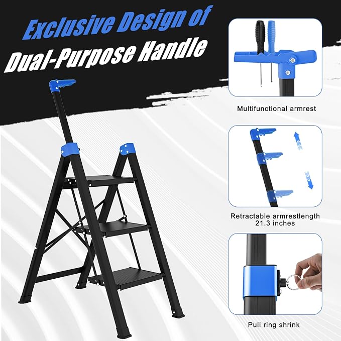 3 Step Ladder,Step Stool Foldable with Single-Handrail,Step Ladder with Anti-Slip Pedals for Home Kitchen Closet,Aluminum Sturdy Material,600lbs Max Load Capacity (Blue)