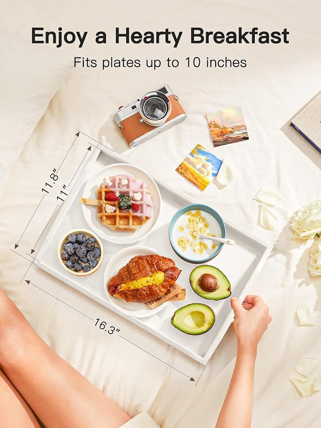 Bamboo Bed Tray for Breakfast, Snack Table with Folding Legs for Eating, Sofa, Couch, Working by Pipishell (White)
