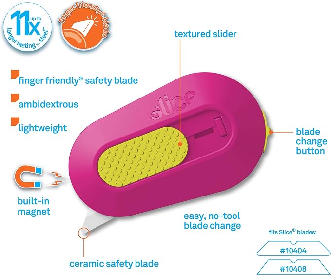 Slice Mini Box Cutter | Manual Retracting | Safe Ceramic Box Cutter Lasting 11x Longer than Metal | Box Opener | 2 Pack | Fuchsia