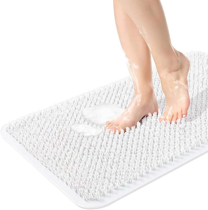 OTHWAY Non Slip Grassy Bathtub Mat : 27.5X15.7 inches Sturdy But Soft Bath Mat_Quick Drain Shower Floor Mat with Soft Bristles for Scrubbing Feet (White)