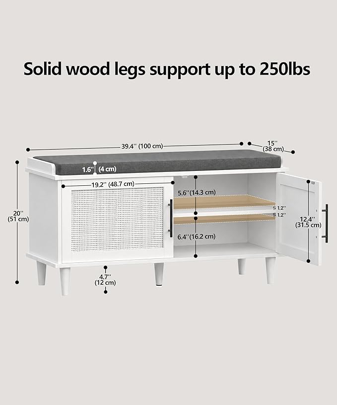 Akxomel Rattan Shoe Storage Bench with Cushion, 2-Tier Entryway Bench with Adjustable Shelves and 2 Doors, 15" D x 39.4" W x 20" H, Solid Wood Legs, for Hallway, Living Room, Bedroom, White