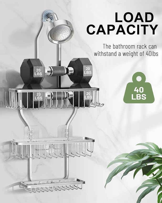 Shower Caddy Hanging - Never Rust Shower Hanging Organizer - Aluminum Over the ShowerHead Caddy with Soap Basket and 6 Hooks for Razor/Sponge (Shiny Silver)