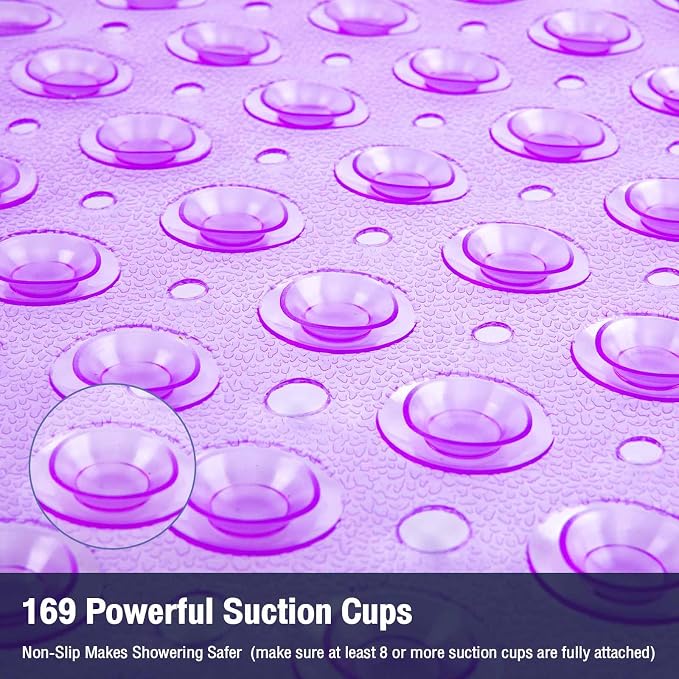 Square Shower Bathtub Mat Non Slip for Inside Shower Clear Purple 21x21 Inch, Shower Stall Mats for Bathroom Floor, Soft Bath Mat for Tub with Big Suction Cups Drain Holes, Easy Washable Dry