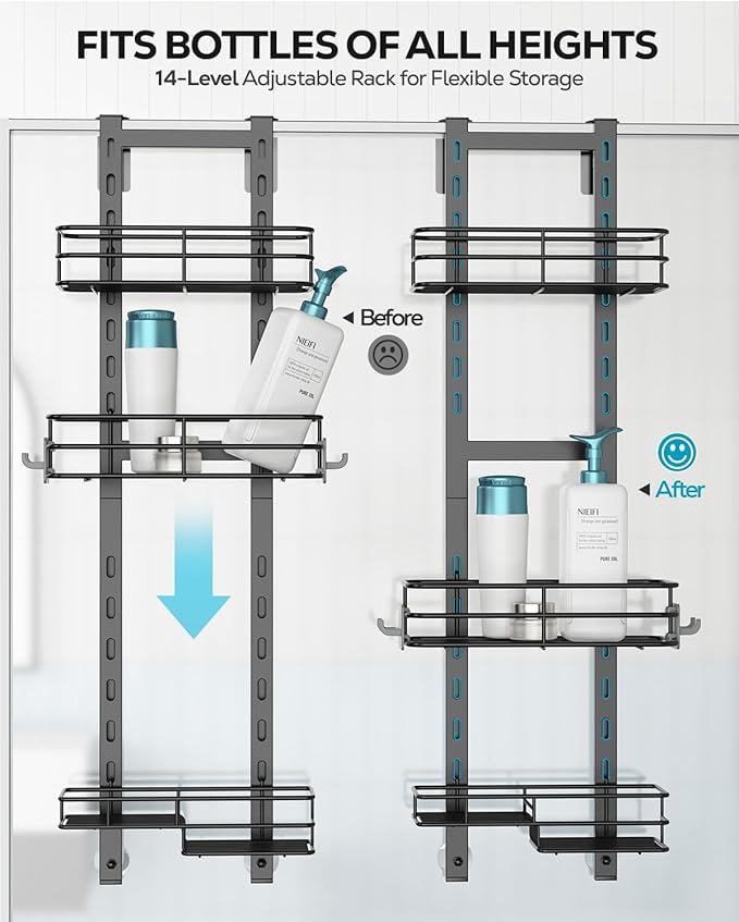 Nieifi Over The Door Shower Caddy Pantry Organizer Rack with Reliable Hooks, Sturdy Hanging Shower Organizer Shelf Basket Storage Rack, Bathroom Shelves Drill Free Extra Large, Black