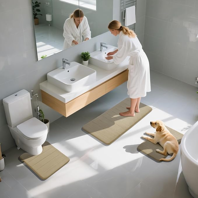 Yimobra 3 Pieces Memory Foam Bath Mat Set with U-Shaped Toilet Rug - Non Slip Super Soft Absorbent Quick Dry Bathroom Rugs for Bathtub, Vanity & Toilet Base, Pale Khaki