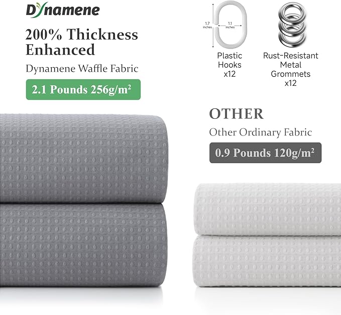 Dynamene Grey Fabric Shower Curtain for Bathroom - Waffle Weave Textured Heavy Duty , 256GSM Hotel Luxury Weighted Cloth Bath Curtain Set with 12 Plastic Hooks,72x72, Grey/Gray