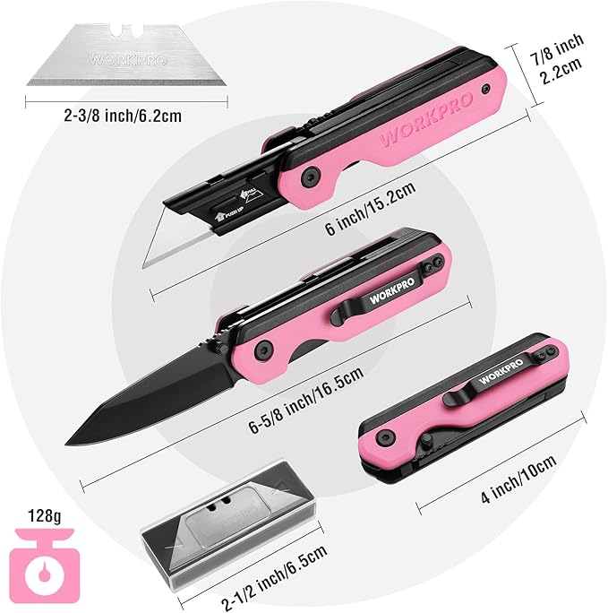 WORKPRO 2-in-1 Folding Knife/Utility Knife, Quick-Change Box Cutter with Belt Clip, Liner Lock, and G10 Handle, Extra 10 SK5 Blades Included - Pink Ribbon