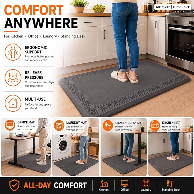 24 x 60 Inch Extra Support Anti Fatigue Comfort Kitchen Mat, Waterproof Long Kitchen Runner, Non-Slip Standing Desk Mat, Commercial Pads for Offices, Home, Garages (Bordeaux Grey, 24'' x 60'')