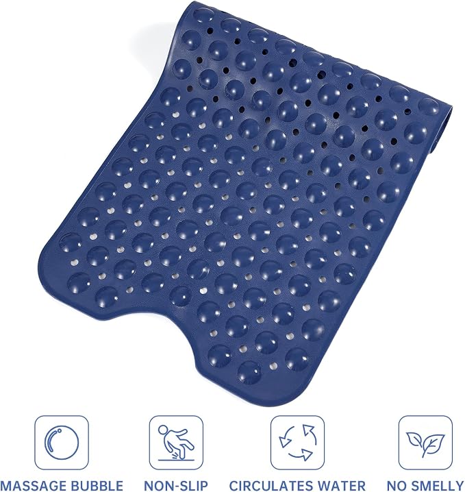 Wirhao Bathtub Mat Non Slip Shower Mat 39×16 Inches Bath Mat for Tub Machine Washable Tub Mat Large for Bathroom with Suction Cups and Drain Holes Blue