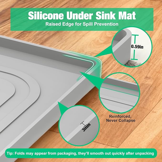 Aisslro Under Sink Mat 31" X 22", Waterproof Silicone Under Sink Mats for Kitchen, Anti-Leak Shelf Liner & Cabinet Protector with Raised Edge, [BPA Free] Bathroom Tray Home Organizer, Gray