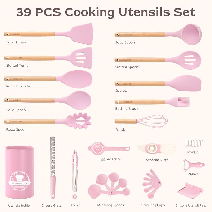 Astercook Kitchen Utensils set, 39 PCS Silicone Cooking Utensils Set with Wooden Handle, 446°F Heat Resistant Food Grade Utensil Sets, BPA Free Kitchen Gadgets Tools Set for Nonstick Cookware (Pink)