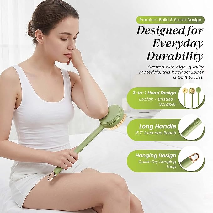 Back Scrubber for Shower with Long Handle (15.7”) – Dual-Sided Bath Brush with Loofah Sponge, Replaceable Heads, Easy Reach for Back & Body, Includes 2 Wall Hooks