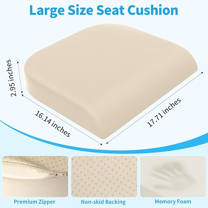 TranquilRelax Large Seat Cushion, Memory Foam Cushion for Long Sitting Hours on Office Chair, Home & Car, Non-Slip Chair Pad for Relieving Back & Sciatica & Hip & Coccyx Pain (Khaki)