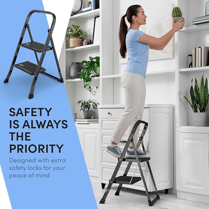 2-Step Ladder with Wide Anti-Slip Platform & Thick Rubber Feet | Heavy Duty Foldable & Portable | 330 lbs Capacity, Steel Frame, Rubber Handgrip, Folding Step Stool