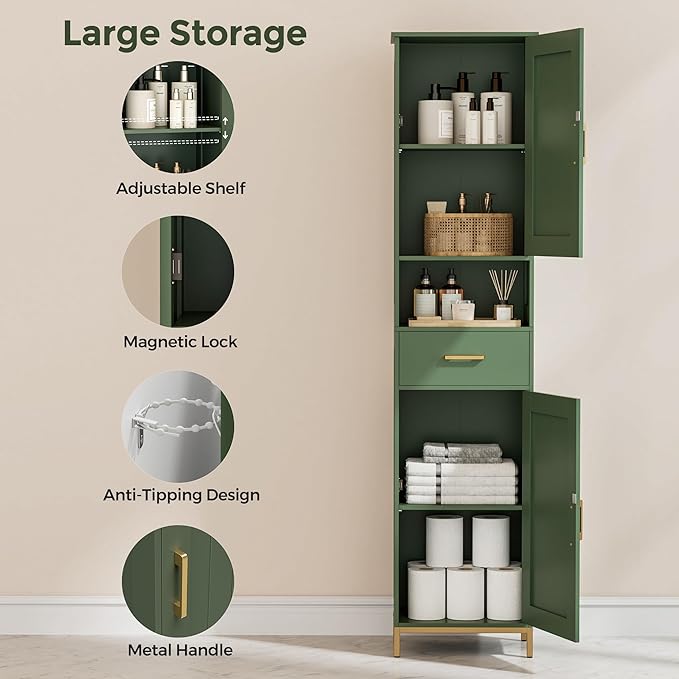 Homhedy 67" H Bathroom Storage Cabinet, Tall Storage Cabinet with Adjustable Shelves, Freestanding Cabinet with Doors and Drawer, Narrow Cabinet for Bathroom, Living Room, Kitchen, Dining Room, Green