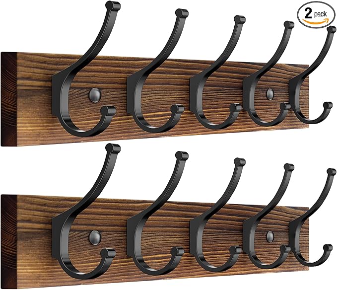 Optish 2 Pack Wooden Coat Rack Wall Mount, 16.1" Rustic Coat Hanger Hooks with 10 Double Hooks, Wall Coat Rack for Hat, Clothes, Bags, Jacket, Brown