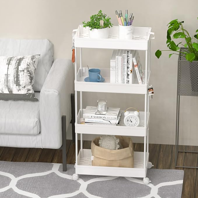 SPACELEAD 4 Tier Rolling Cart with Wheels, Storage Craft Art Trolley Organizer Serving, 3 Hanging Baskets Easy Assembly, for Office, Living Room, Kitchen