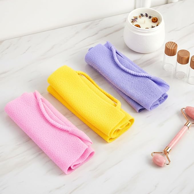 3 Pcs Exfoliating Washcloth with Handles, Double-Sided Back Scrubber Washer for Shower Body Scrub Towel Stretchable Back Washer Shower Towel for Women Bath Showers Exfoliation