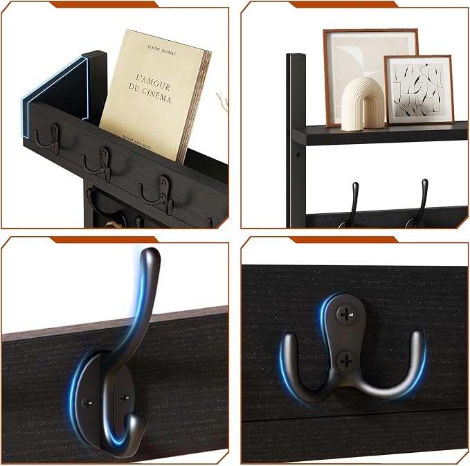 YMYNY 31.5" Coat Rack Wall Mount with Shelf, 4 in 1 Key and Coat Hanger with 12 Metal Hooks, Wall Shelf with Hooks & Mail Holder for Living Room, Bedroom, Black, HWS007B-2