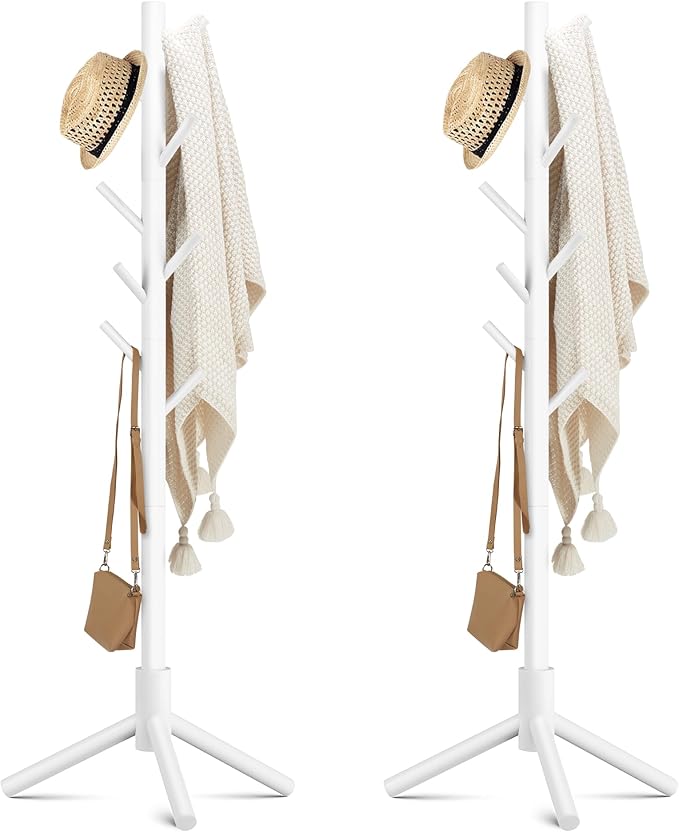 Haddockway Wooden Coat Rack Stand with 8 Hooks New Zealand Pine 3 Adjustable Coat Standing Tree Easy Assembly for Coats, Hats, Scarves and Handbags for Entryway, Hallway, Bedroom, Office,2 PCS